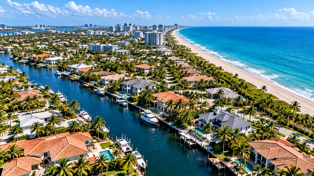 Aerial view of the South Florida coastline, beach, and waterfront homes