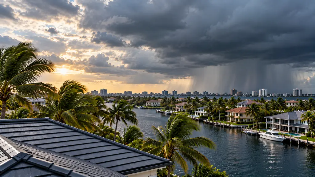 Storm clouds building over a South Florida waterfront
