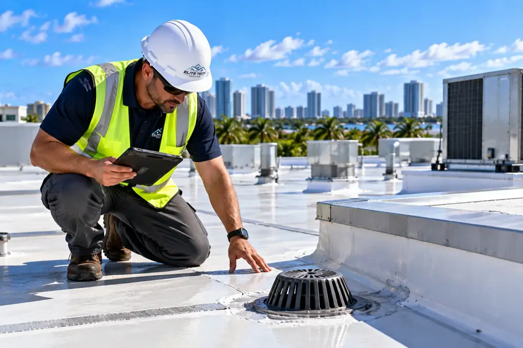 Roofing inspector with a tablet checking a roof drain on a white commercial flat roof