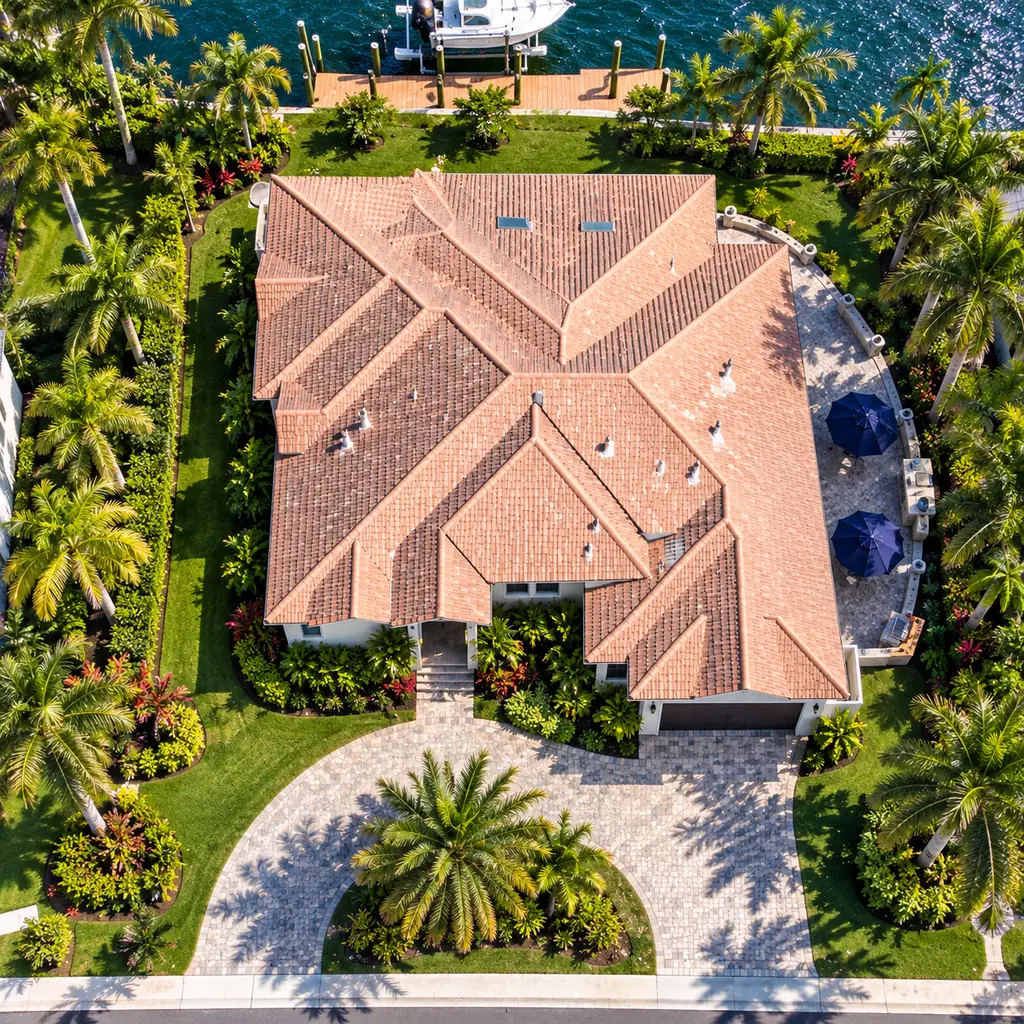 Aerial view of a waterfront home with a terracotta tile roof and pool