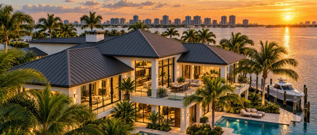 Waterfront South Florida home with a dark standing-seam metal roof, pool, and private dock at sunset