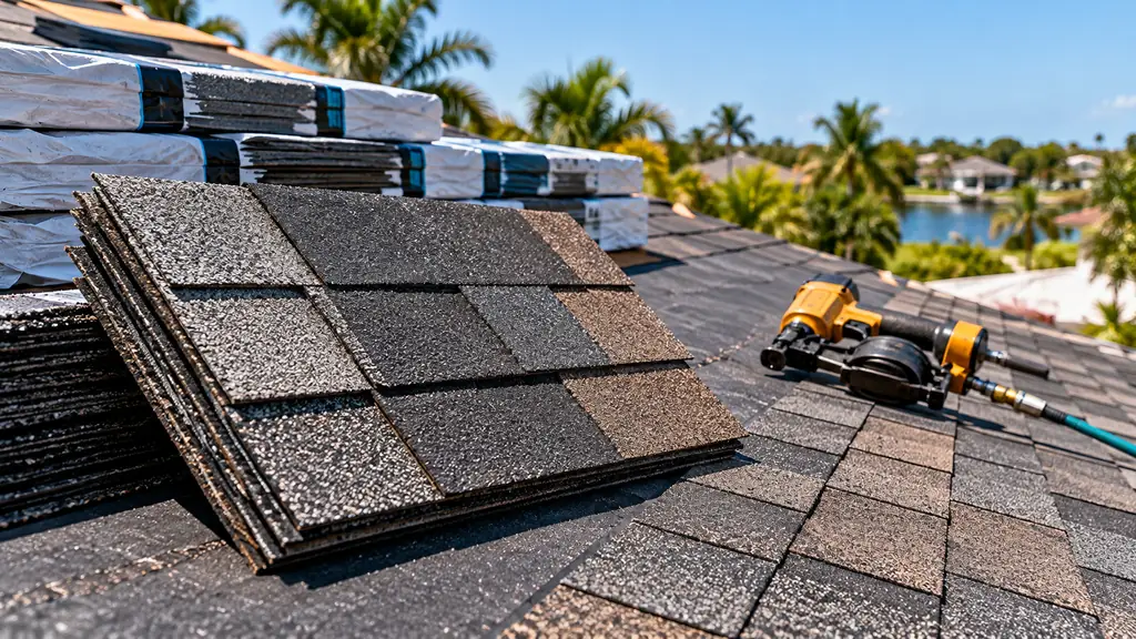 Bundles of architectural asphalt shingles on a roof deck
