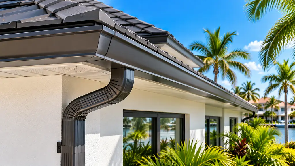 Dark seamless gutter and downspout along the roof edge of a Florida home