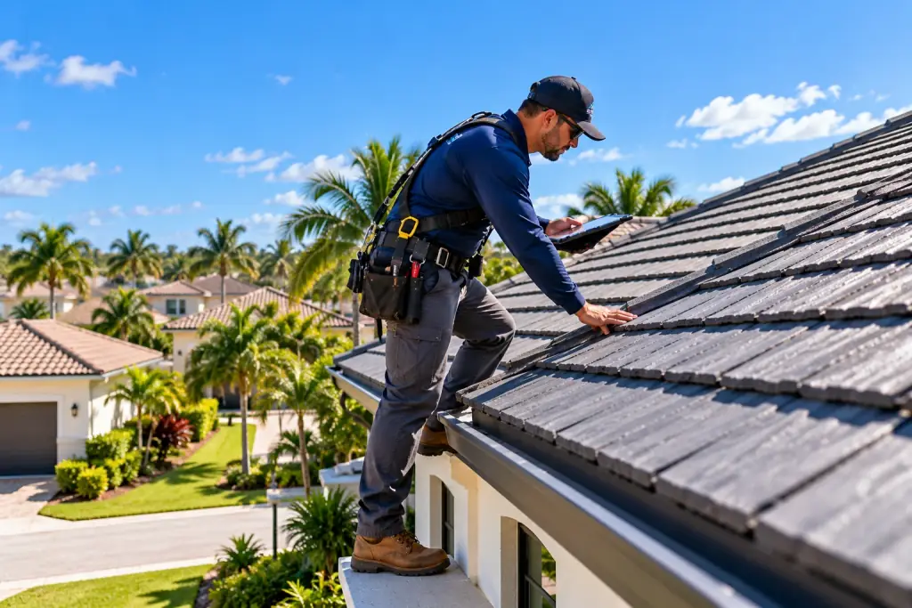 Roofing inspector in a safety harness checking a tile roof with a tablet
