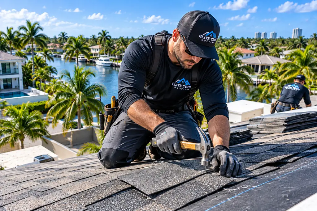 Roofing technician repairing asphalt shingles on a waterfront home