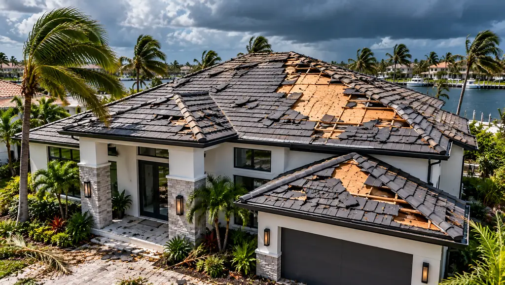 Home with storm-damaged shingles and exposed roof decking